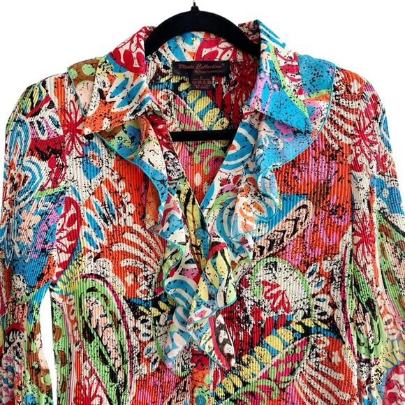 Pleats Collection Funky 70s Retro Colorful Pleated Tunic Blouse Size Small - Picture 2 of 7